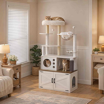 Cat tree with multiple levels and a cat sitting on each level in a living room.