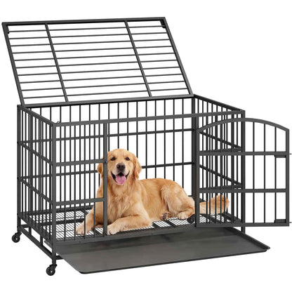 Dog lying inside a large black metal dog crate on a white background