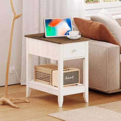 White side table with wooden top in a living room setting, featuring a tablet and cup.