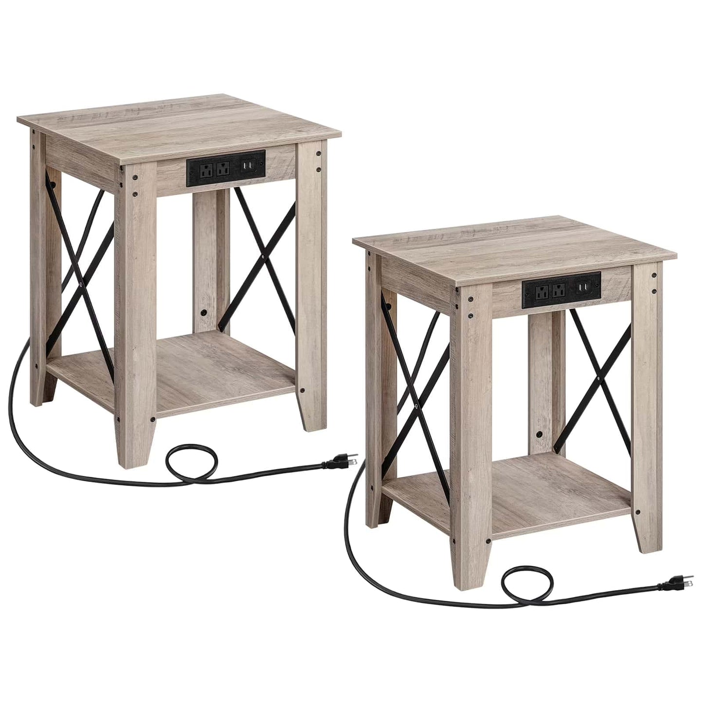 Two wooden side tables with power outlets on a white background