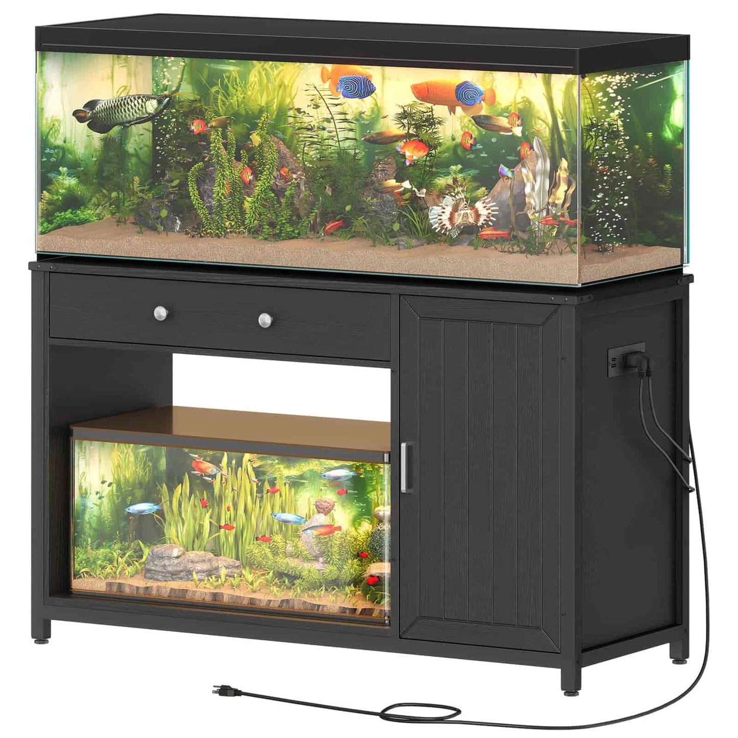 Fish tank with stand featuring an aquarium setup with plants and fish on a white background