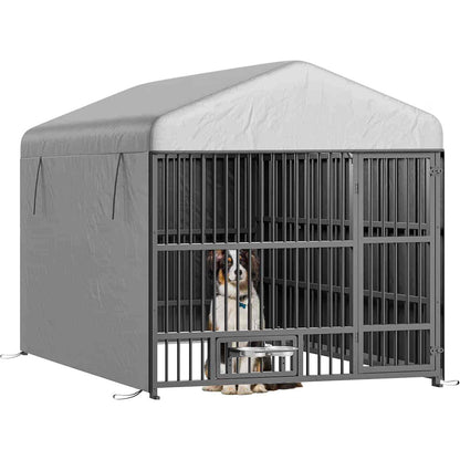 Dog in a large gray dog crate with a cover on a white background