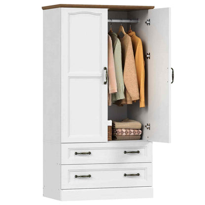 White wardrobe with open doors showing clothes and drawers on a white background