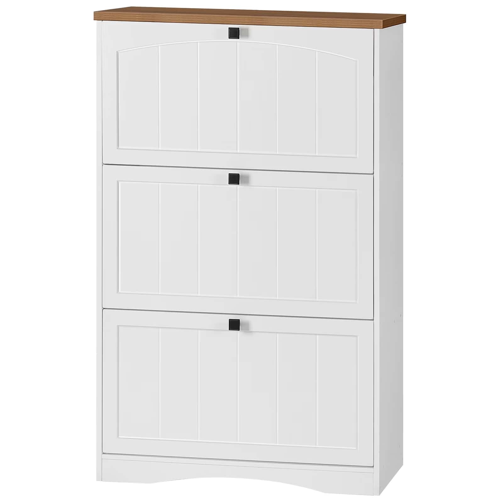 White shoe cabinet with wooden top on a white background