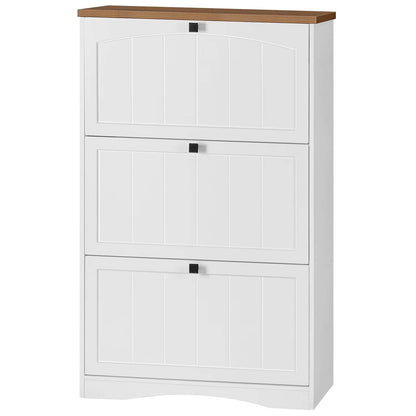 White shoe cabinet with wooden top on a white background