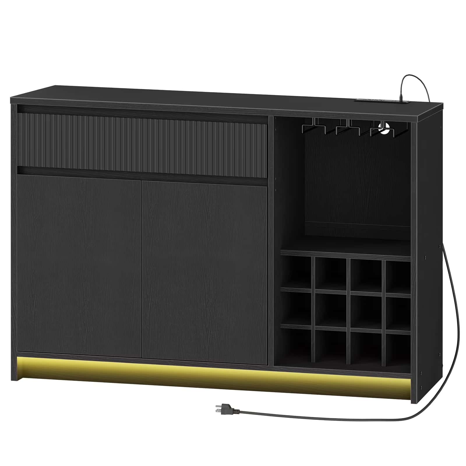 Black bar cabinet with wine rack and LED strip on a white background