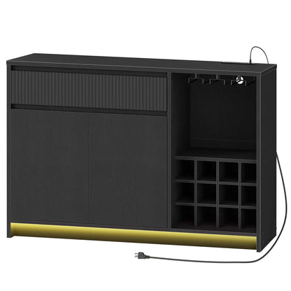 Black bar cabinet with wine rack and LED strip on a white background