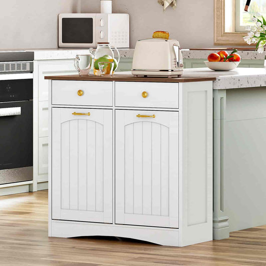 White kitchen cabinet with gold handles in a modern kitchen setting.
