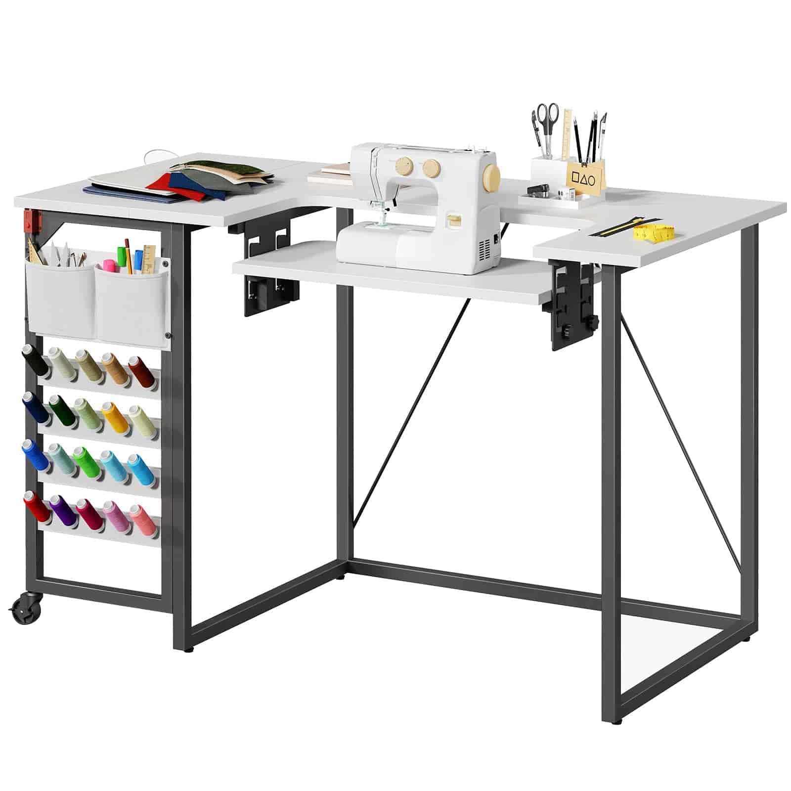 Corner sewing table with a sewing machine and various supplies on a white background