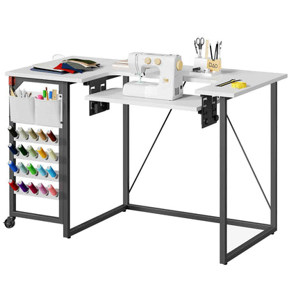 Corner sewing table with a sewing machine and various supplies on a white background