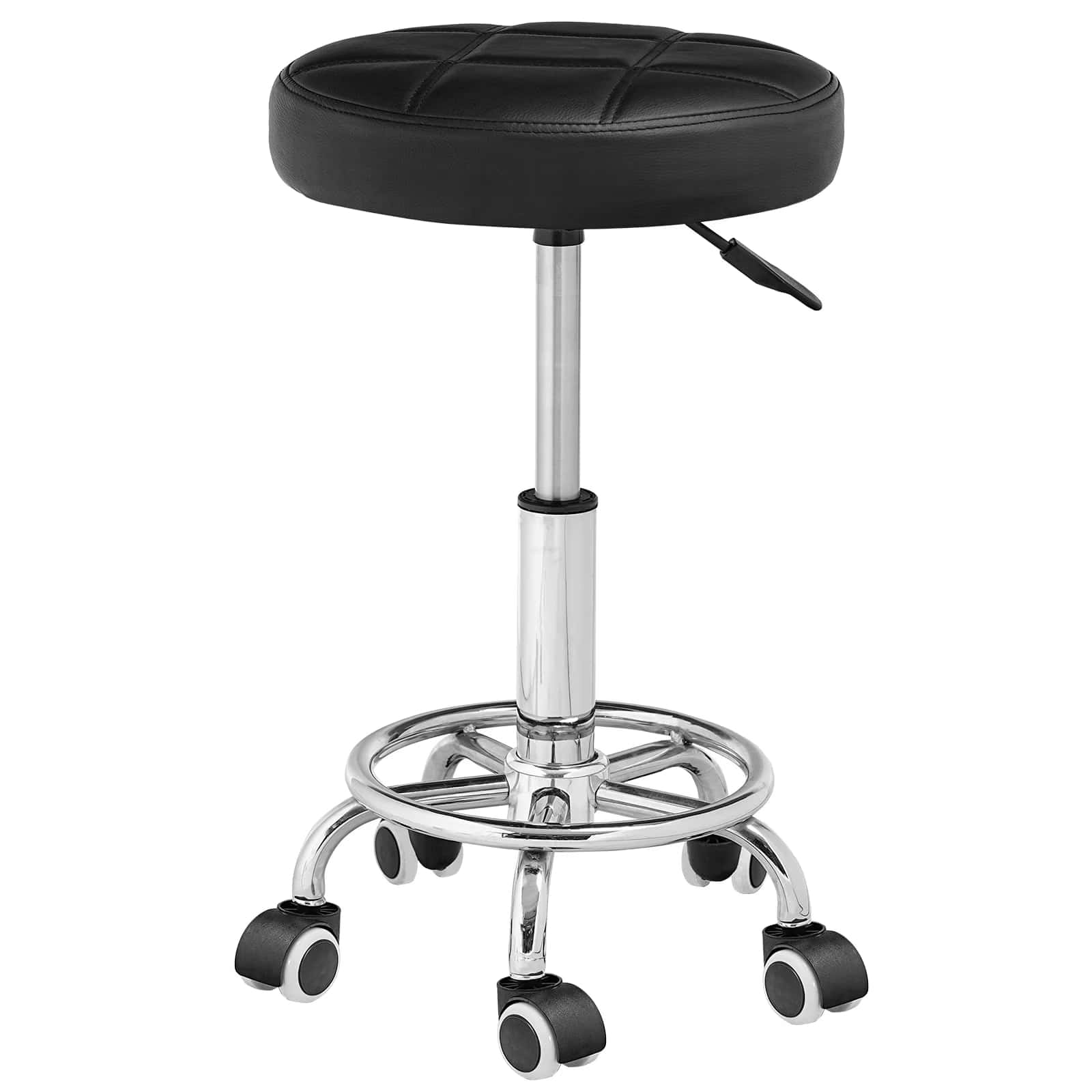 Black leather stool with wheels on a white background