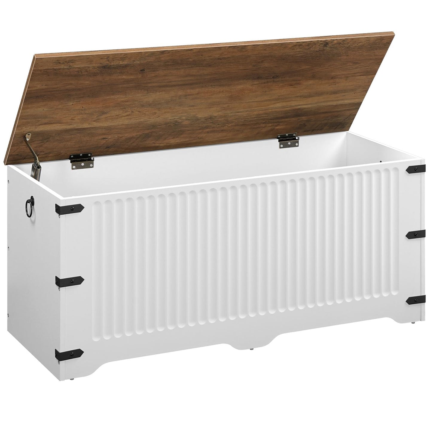 White storage chest with a wooden lid on a white background