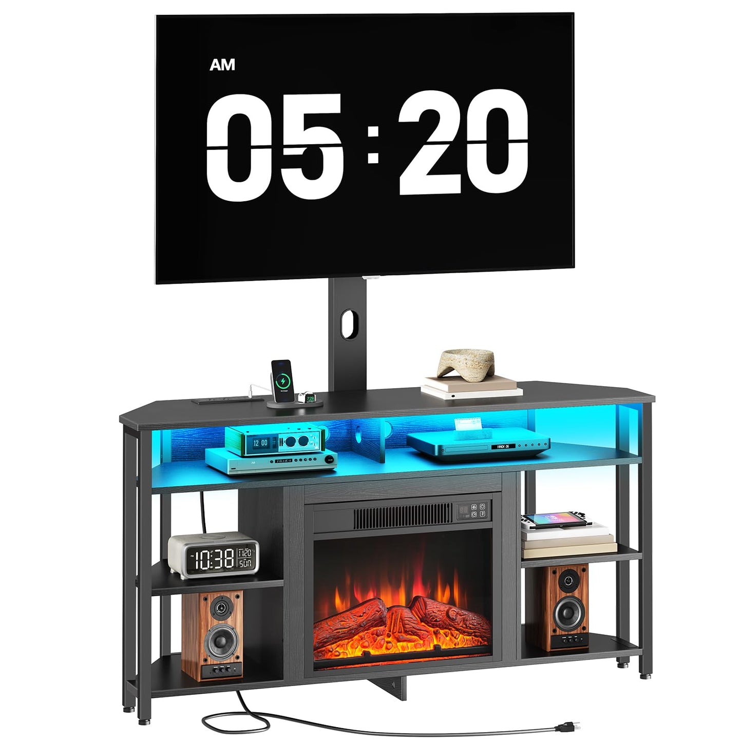 TV stand with electric fireplace, clock, and entertainment setup on a white background