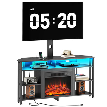TV stand with electric fireplace, clock, and entertainment setup on a white background