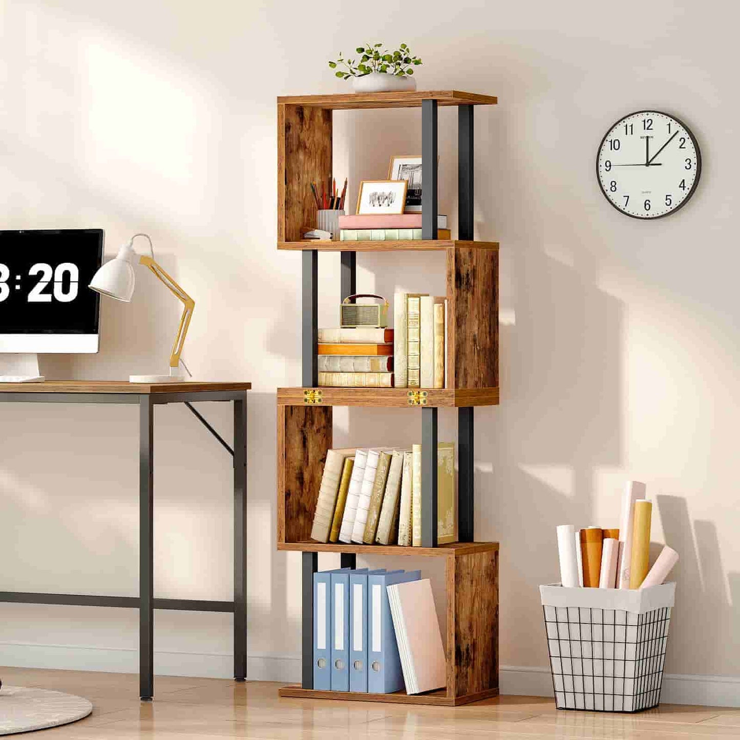 Wooden bookshelf with books and decorative items in a home office setting.