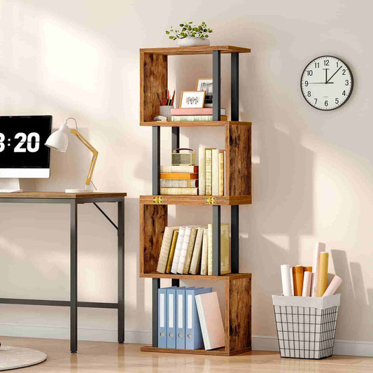 Wooden bookshelf with books and decorative items in a home office setting.