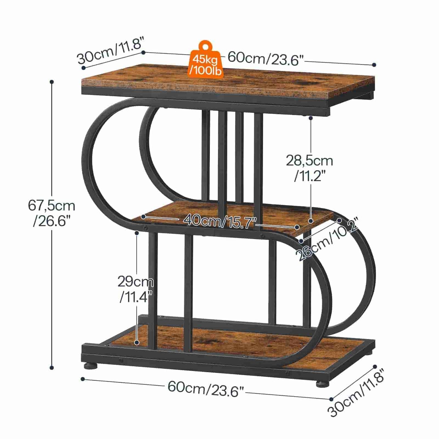 Two-tiered wooden table with metal frame, showing dimensions and weight capacity on a white background.