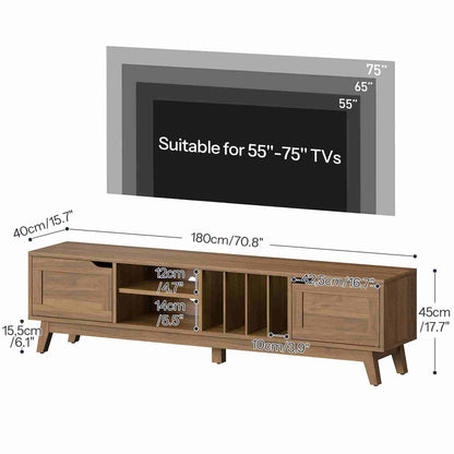 Wooden TV stand with dimensions indicated for TVs ranging from 55" to 75".