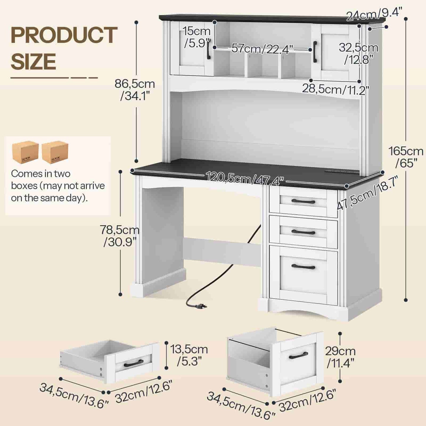 White desk with measurements on a beige background