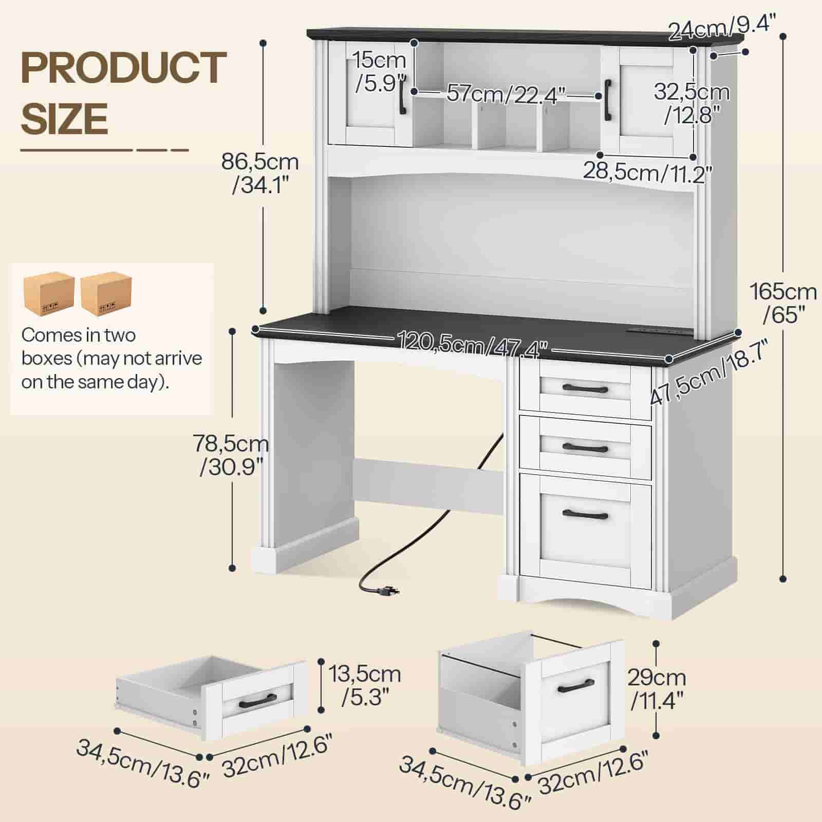 White desk with measurements on a beige background