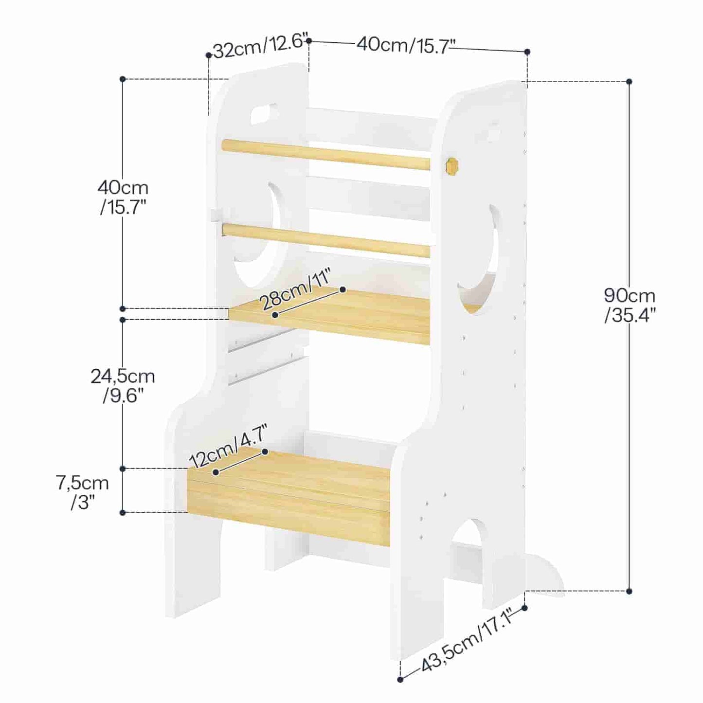 Dimensions of a white and wooden shelf with measurements labeled