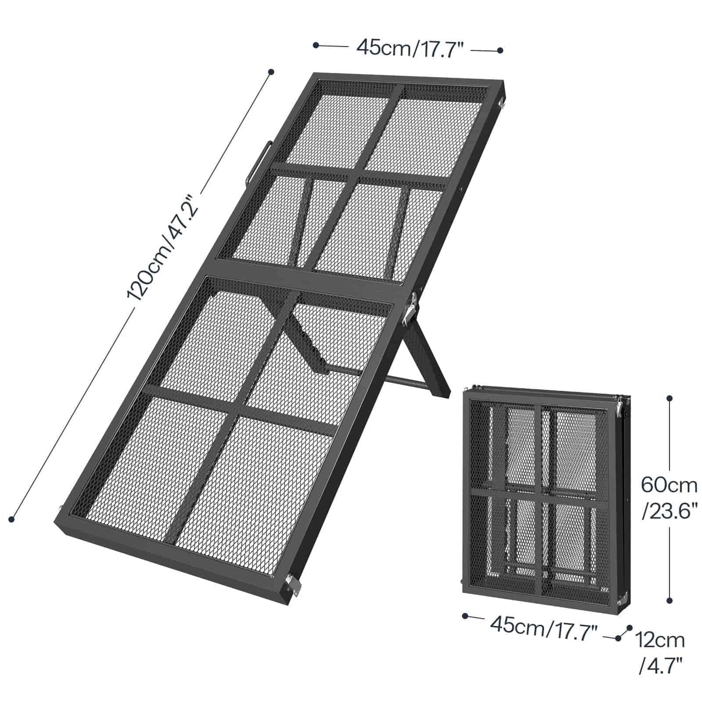 Black metal pet gate with dimensions indicated on a white background