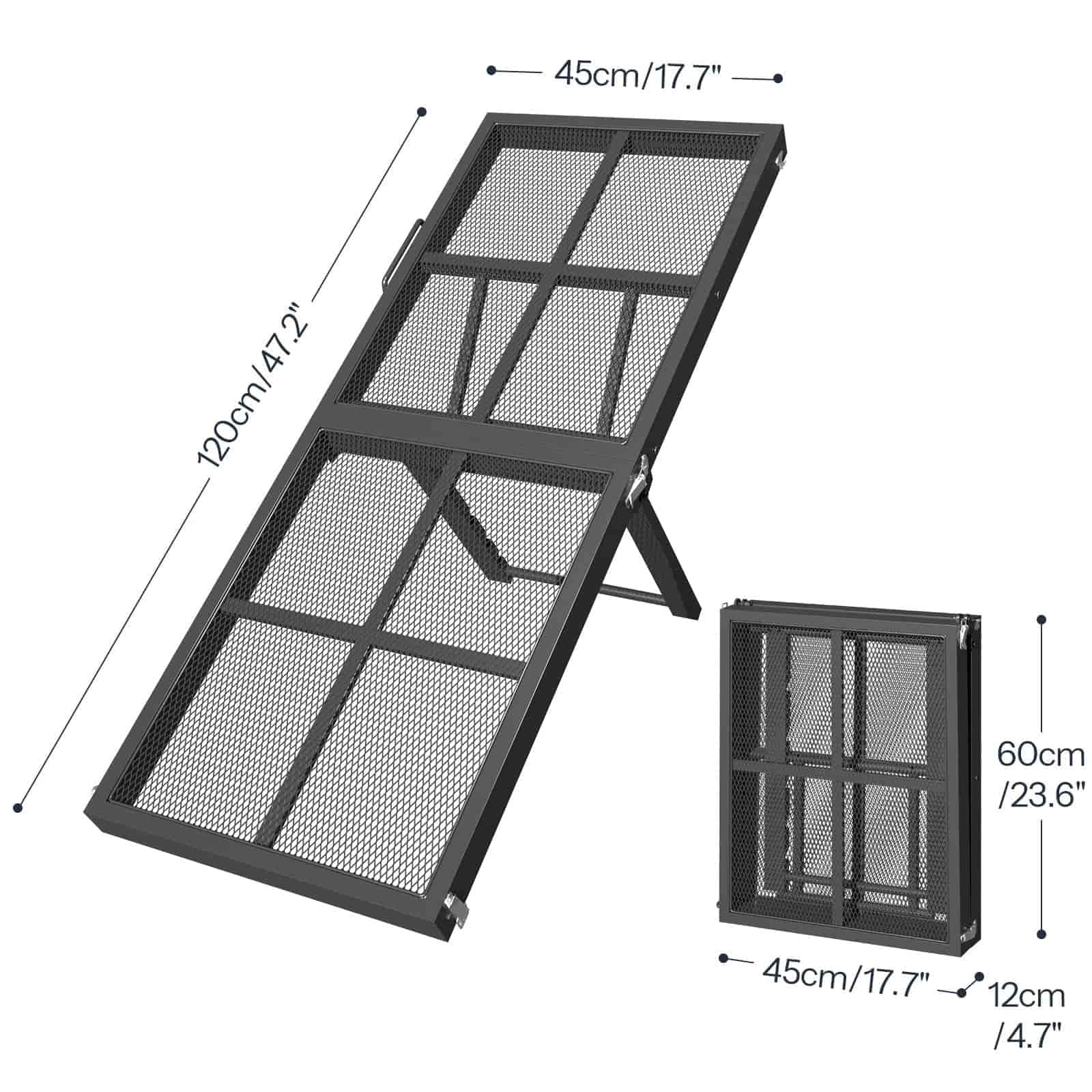 Black metal pet gate with dimensions indicated on a white background