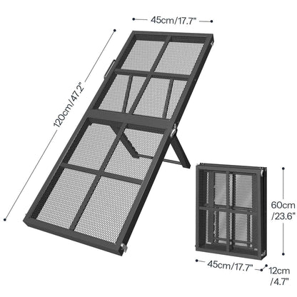 Black metal pet gate with dimensions indicated on a white background