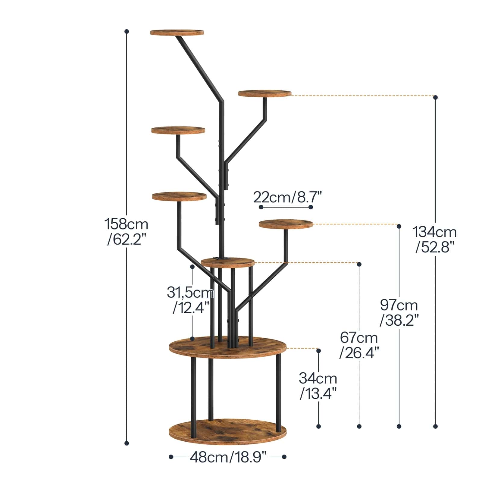 Measurement chart of a multi-level cat tree with dimensions labeled.