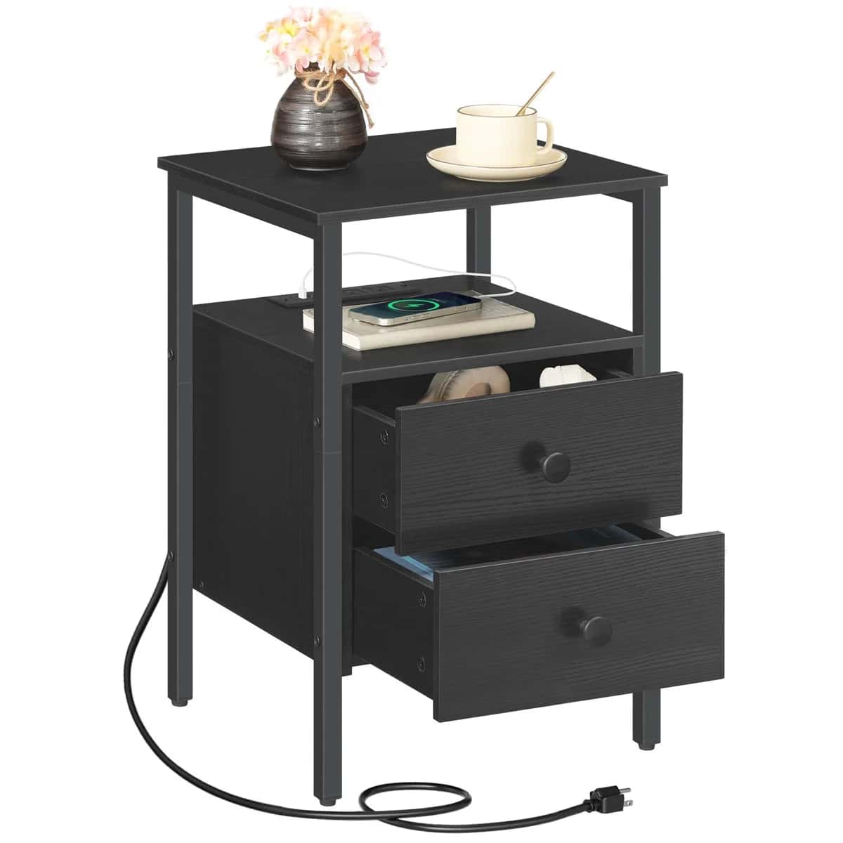 Black nightstand with two drawers, a small table top, and a power cord on a white background.