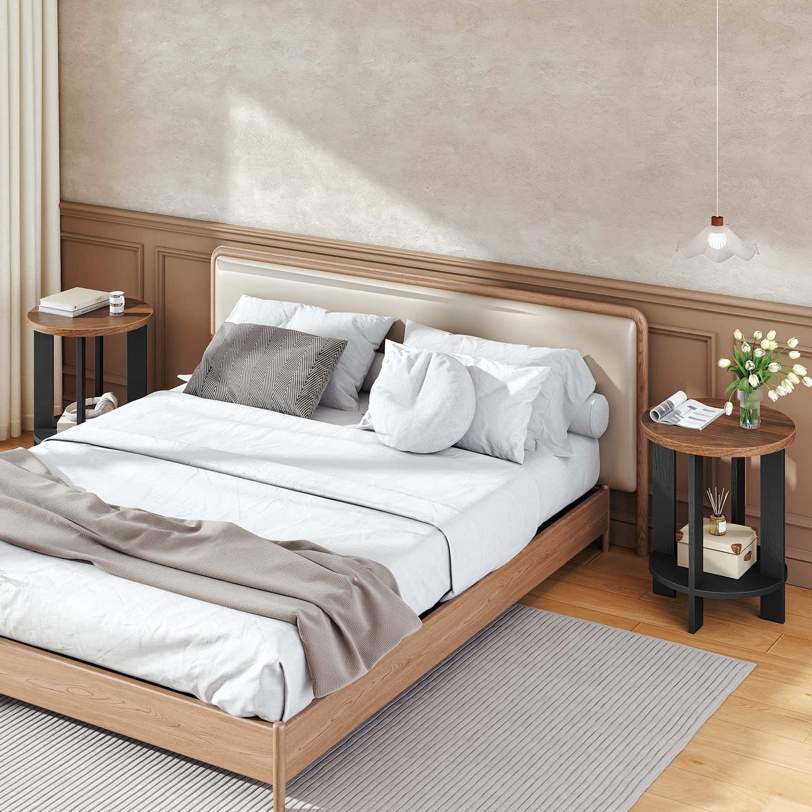 Modern bedroom with wooden bed and side tables