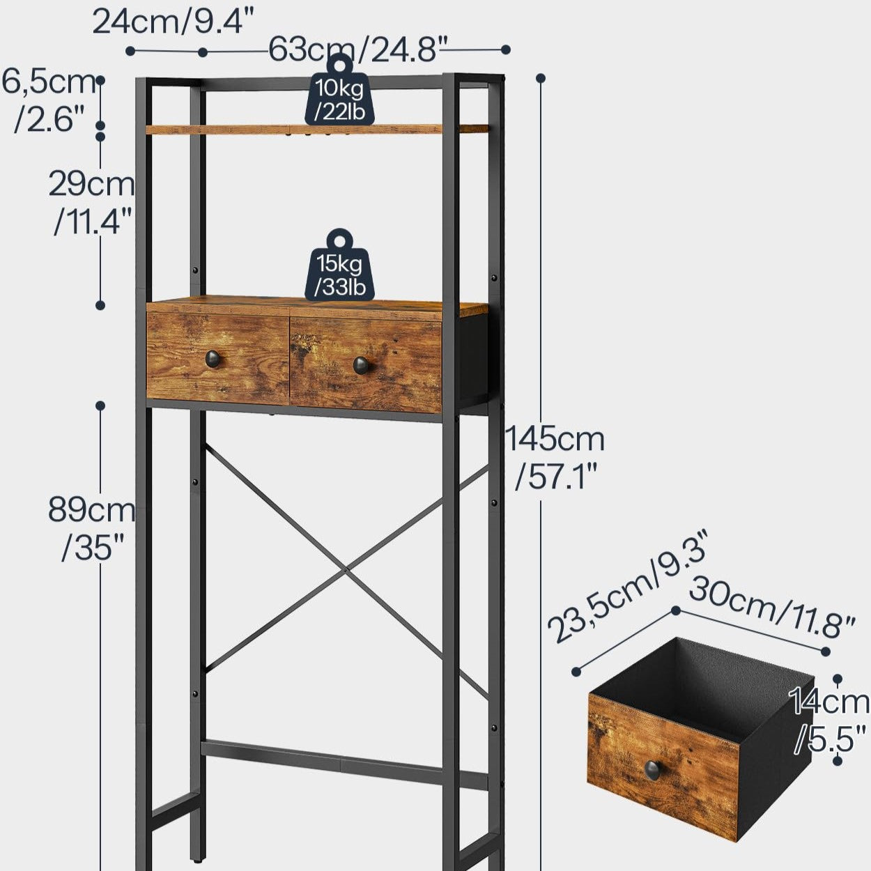 HOOBRO Retro Brown Toilet Above Shelf with 2 Drawers & 3 Shelves Bathroom Storage Rack