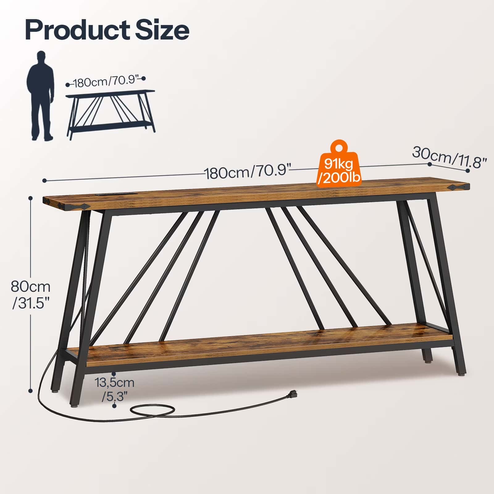 Wooden console table with measurements and weight display on a white background