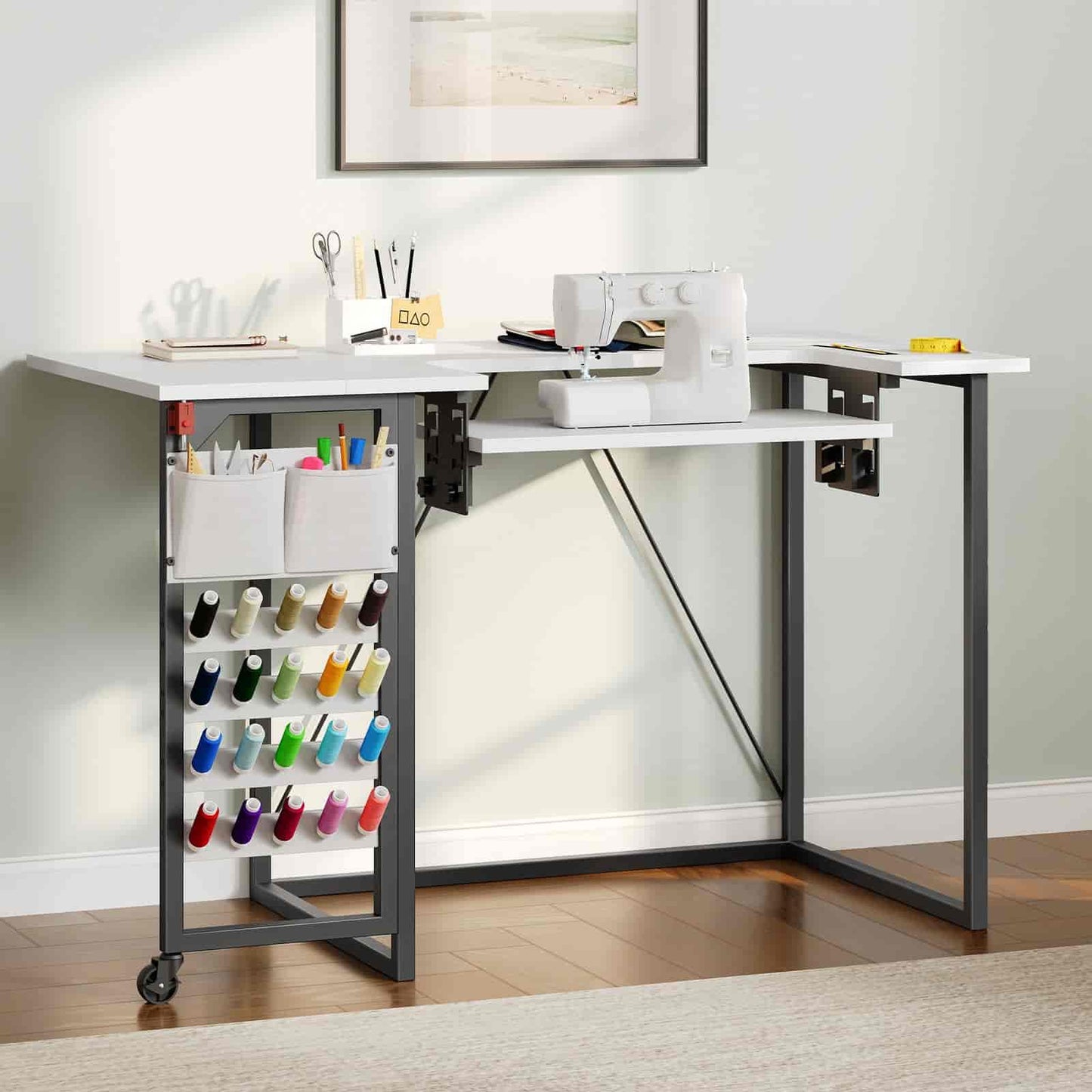 White sewing table with a rolling cart for supplies in a home setting.