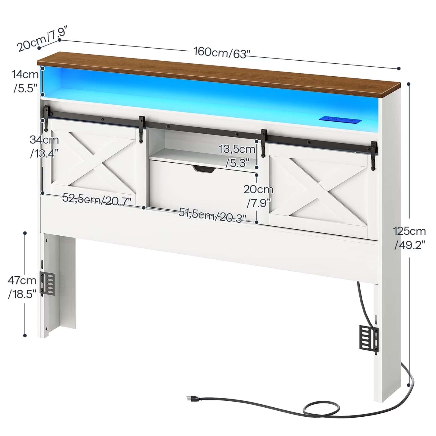 Measurement chart of a TV stand with dimensions labeled