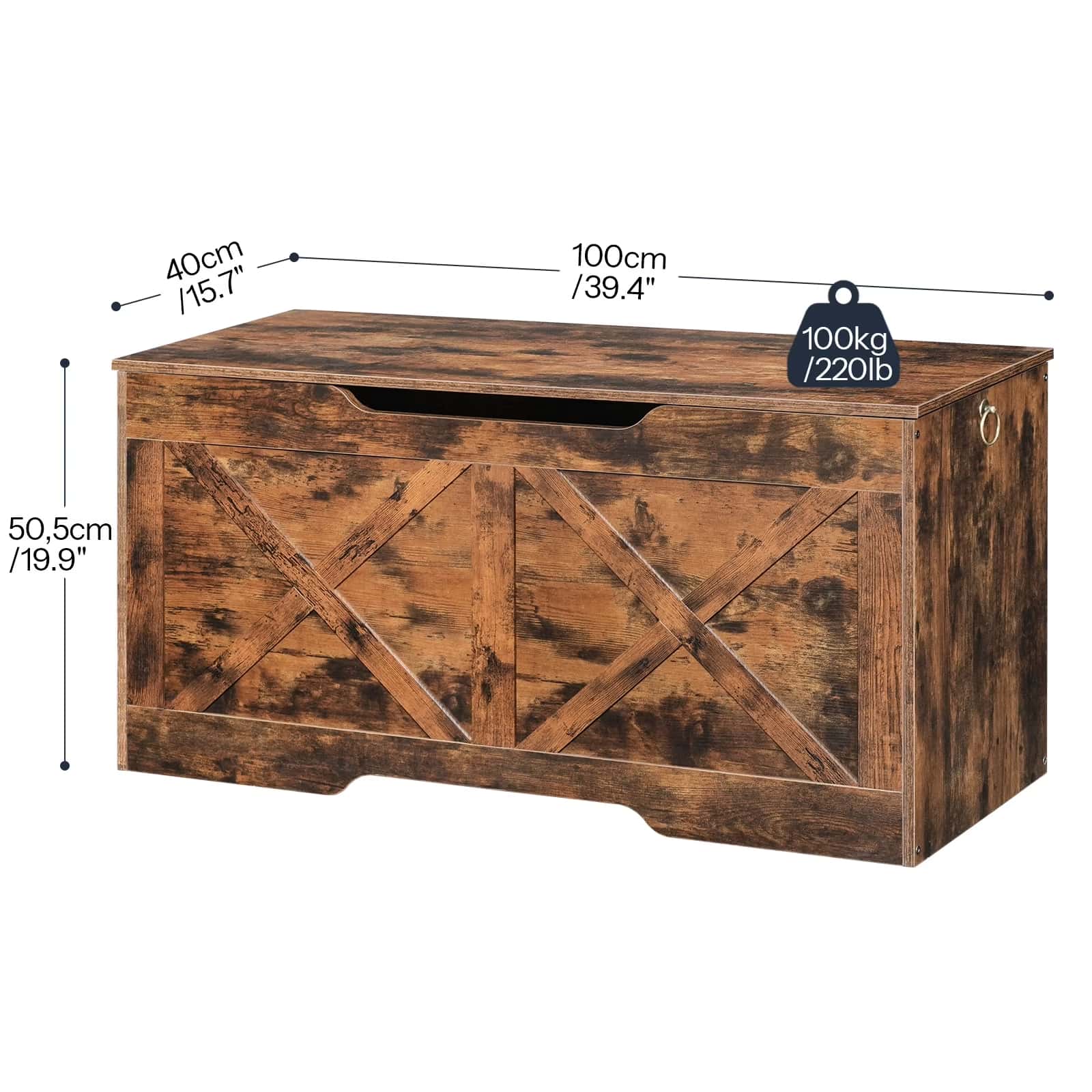 Wooden storage bench with dimensions and weight capacity displayed