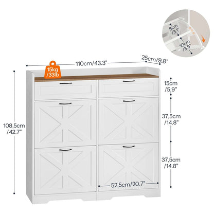 White shoe cabinet with dimensions and weight capacity displayed