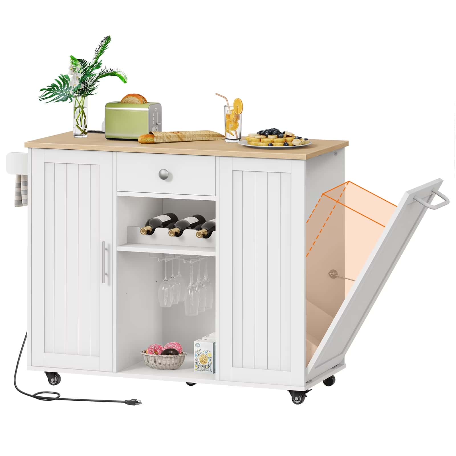 White kitchen island with wooden top on wheels, featuring a toaster, plant, and other items.