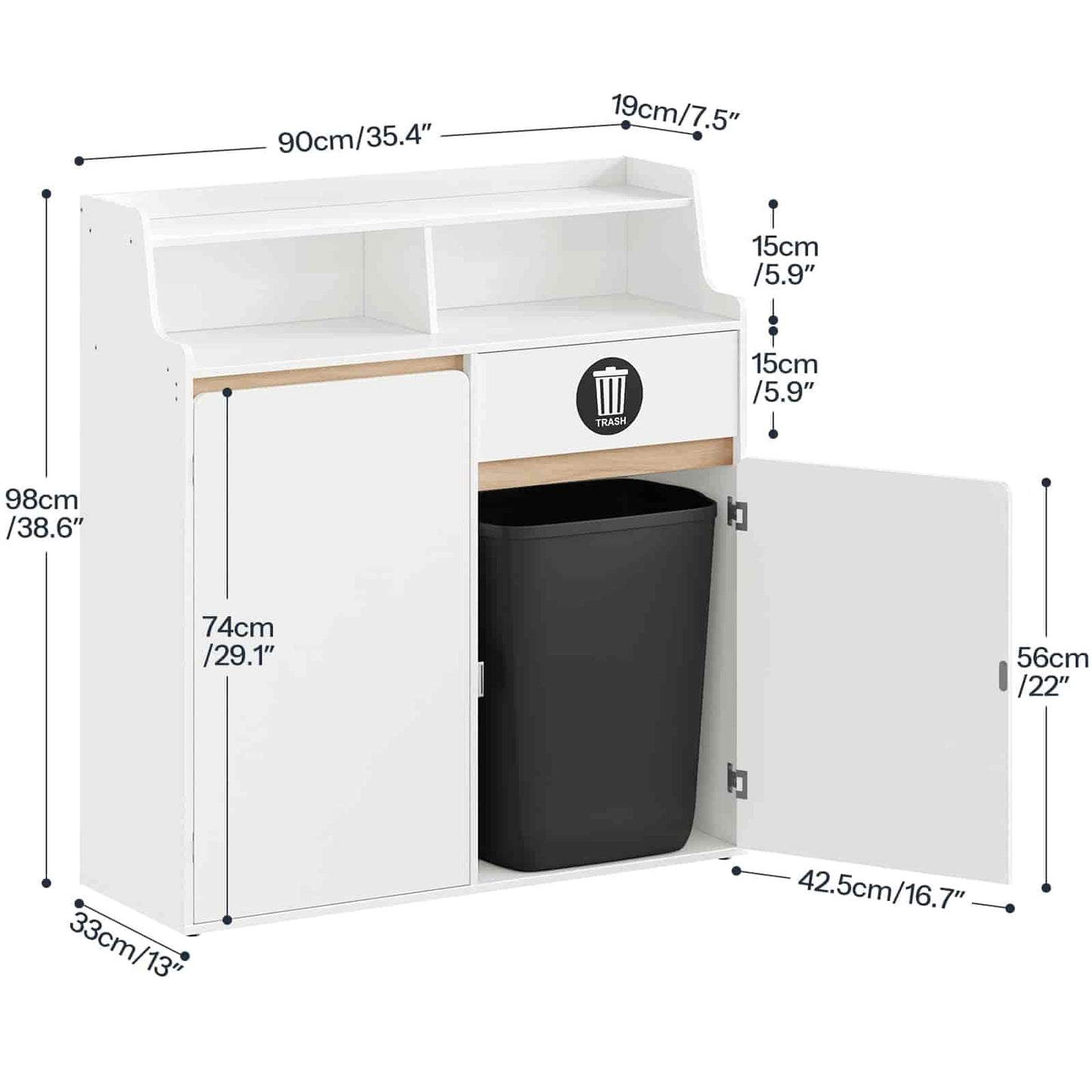 White cabinet with a black trash bin, showing dimensions on a white background