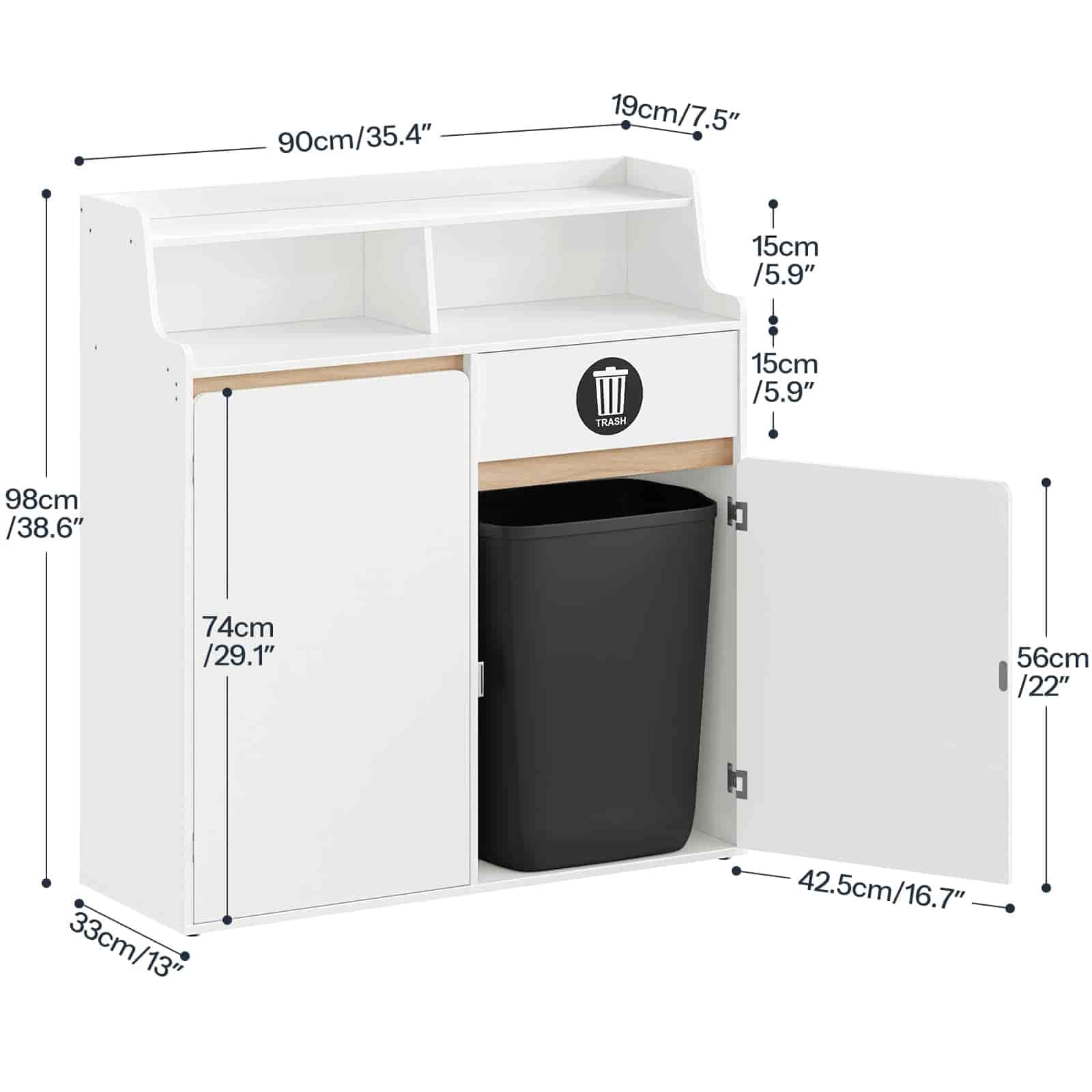 White cabinet with a black trash bin, showing dimensions on a white background