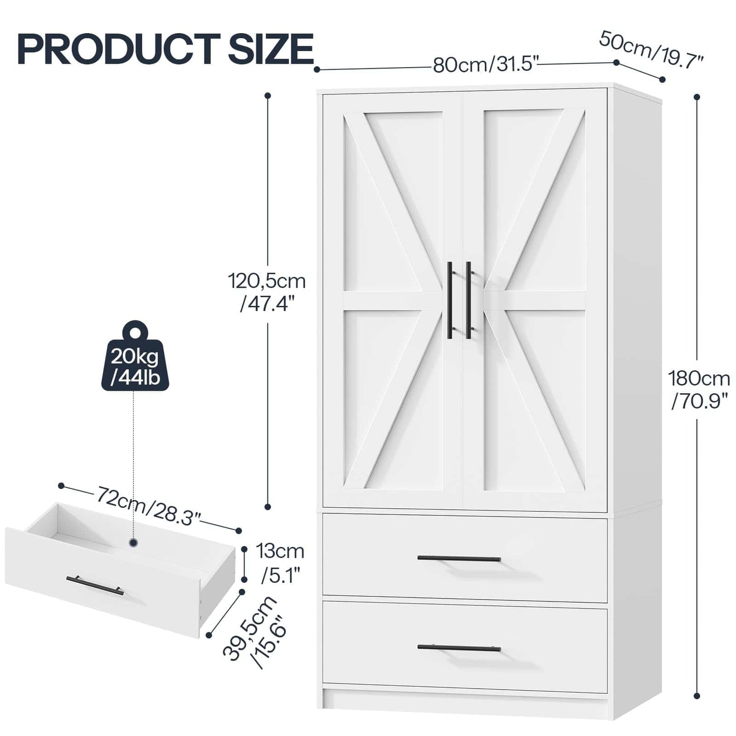White wardrobe with dimensions and weight label on a white background