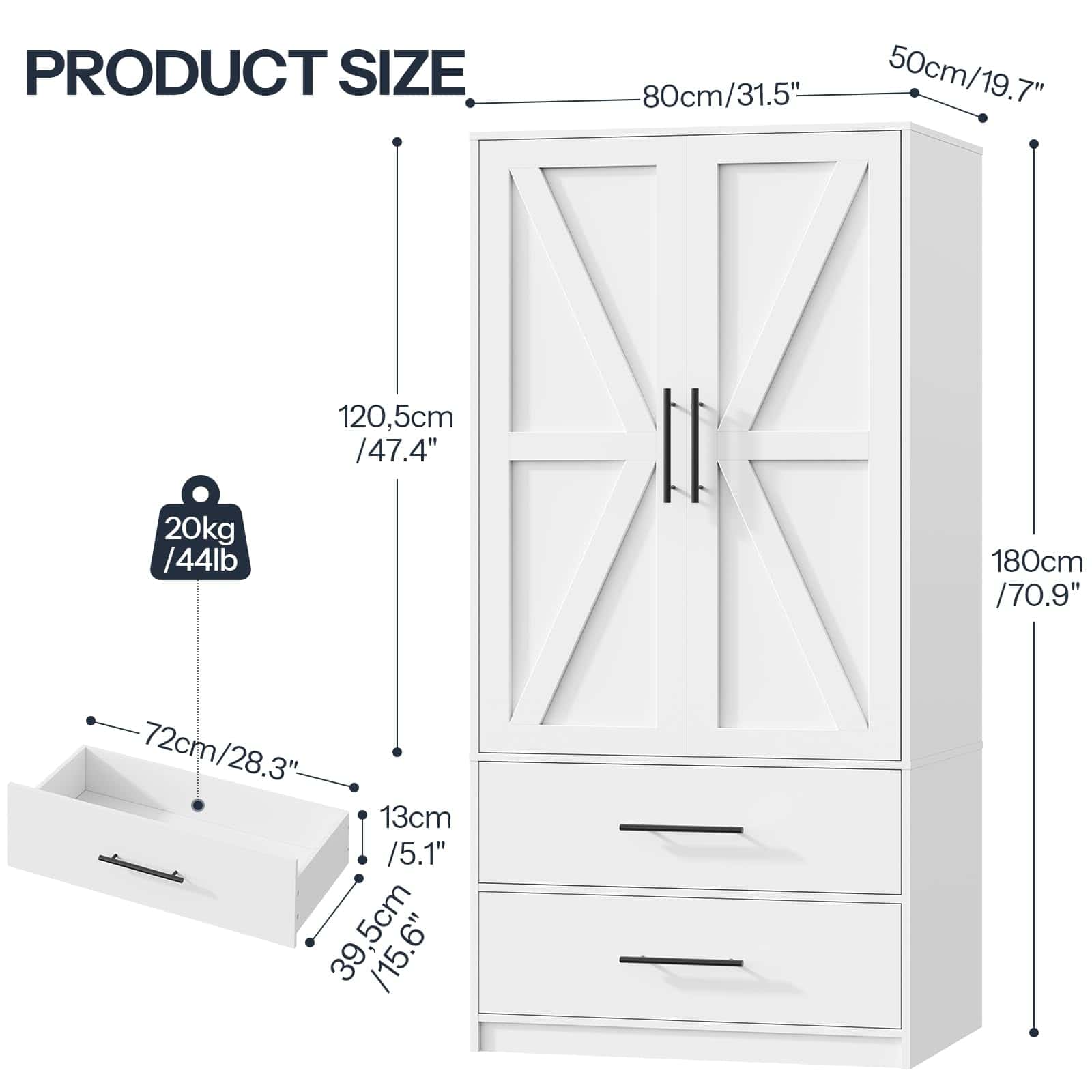 White wardrobe with dimensions and weight label on a white background