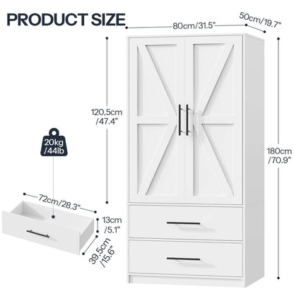 White wardrobe with dimensions and weight label on a white background