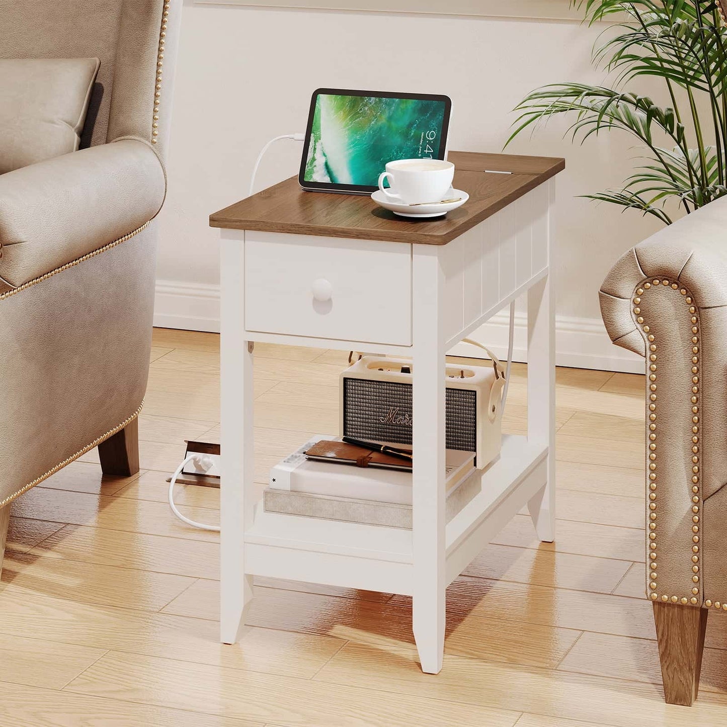 White side table with wooden top in a living room setting