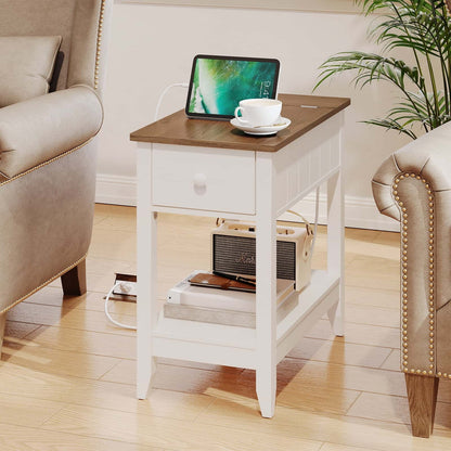 White side table with wooden top in a living room setting