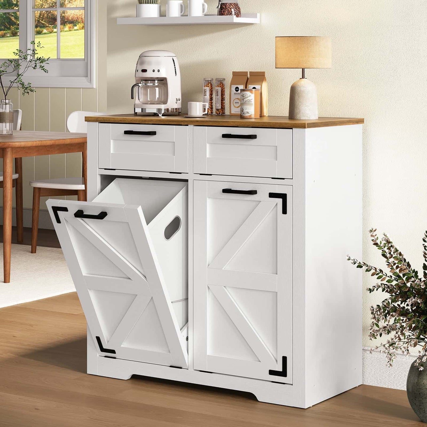 White kitchen cabinet with wooden top in a home setting