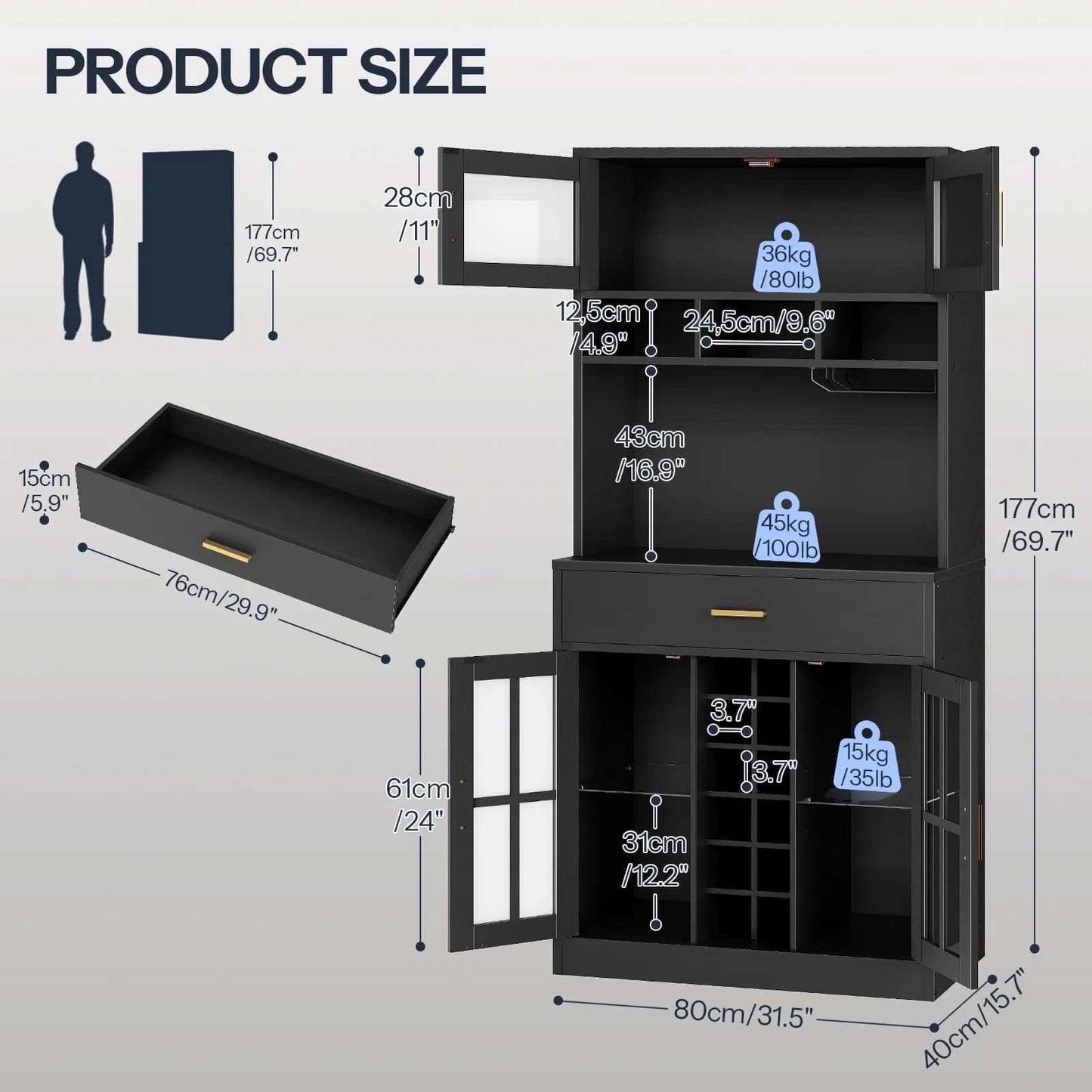 Black storage cabinet with dimensions and product weight displayed
