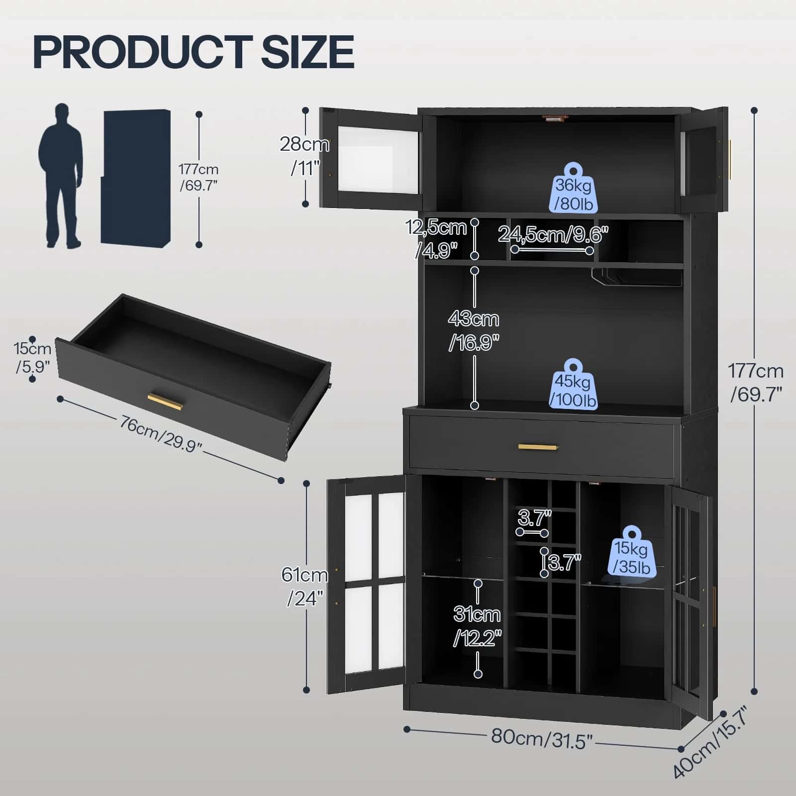 Black storage cabinet with dimensions and product weight displayed