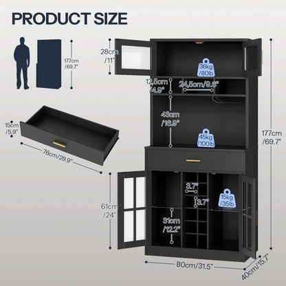 Black storage cabinet with dimensions and product weight displayed