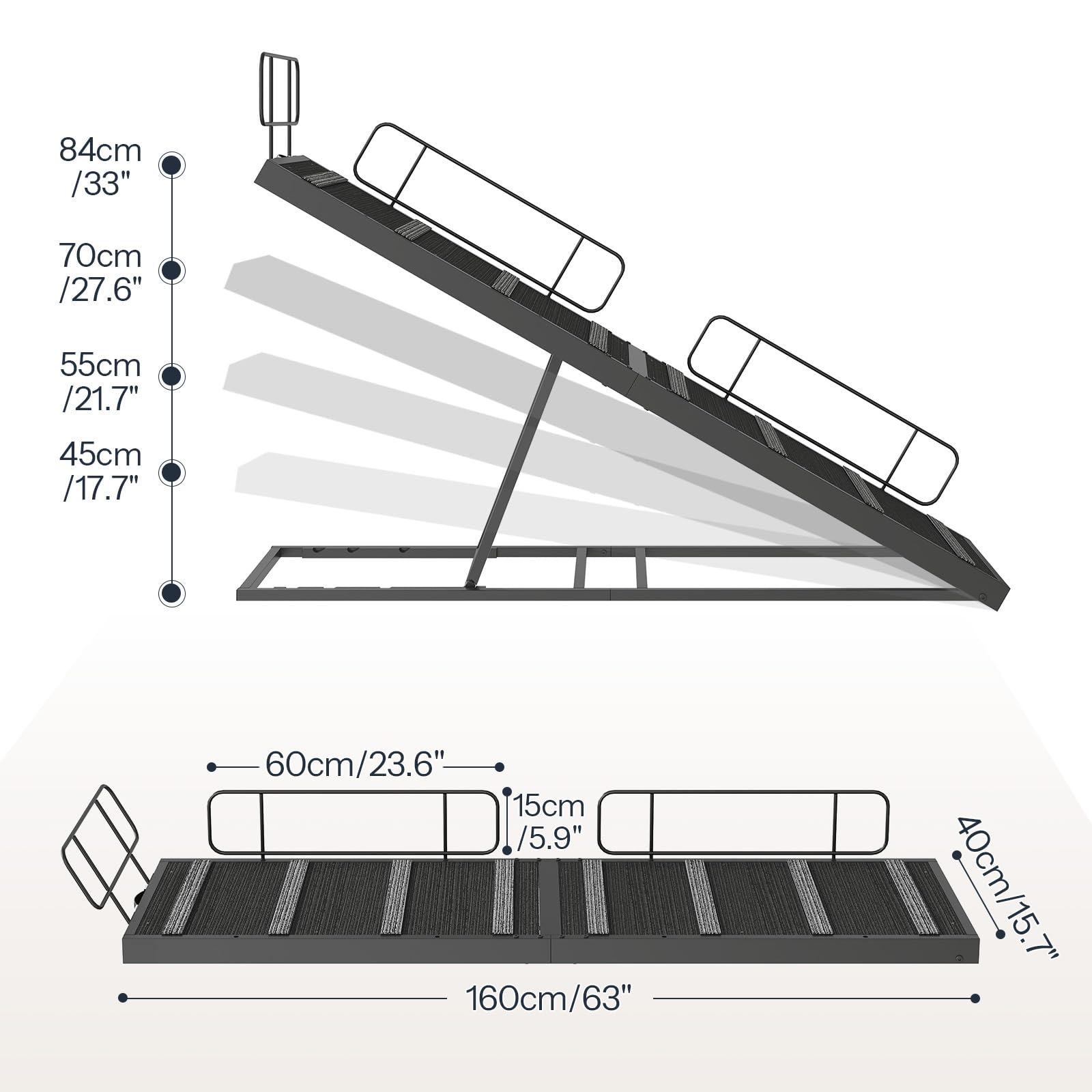 Measurement chart of a dog ramp with dimensions labeled in centimeters and inches.